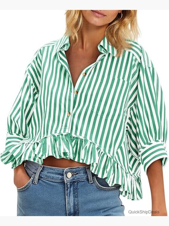 Tops - Cropped Striped Button Down Shirt Ruffle 3/4 Sleeve Blouse